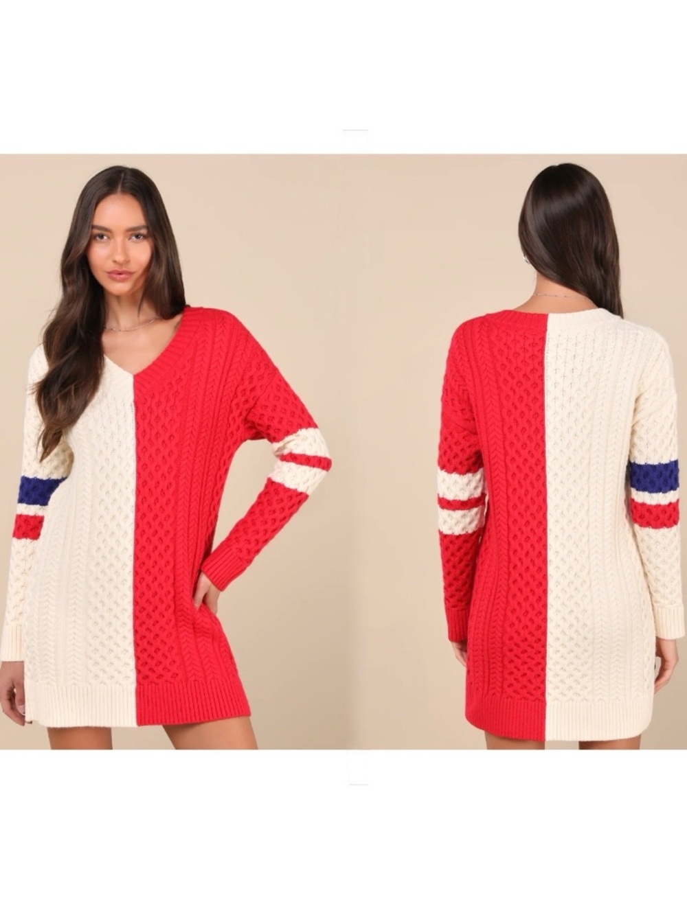 NWT Lulus Bold Comfort Ivory and Red Color Block Cable Sweater Mini Dress XL